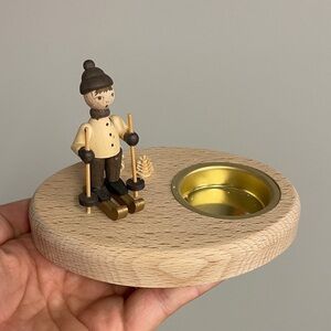 Erzgebirge Made in Germany Miniature Skiier Wooden Folk Art Miniature Tea Light
